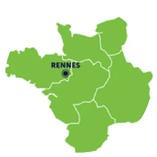 Carte du Grand Ouest centrée sur Rennes : zone d'intervention de TCB